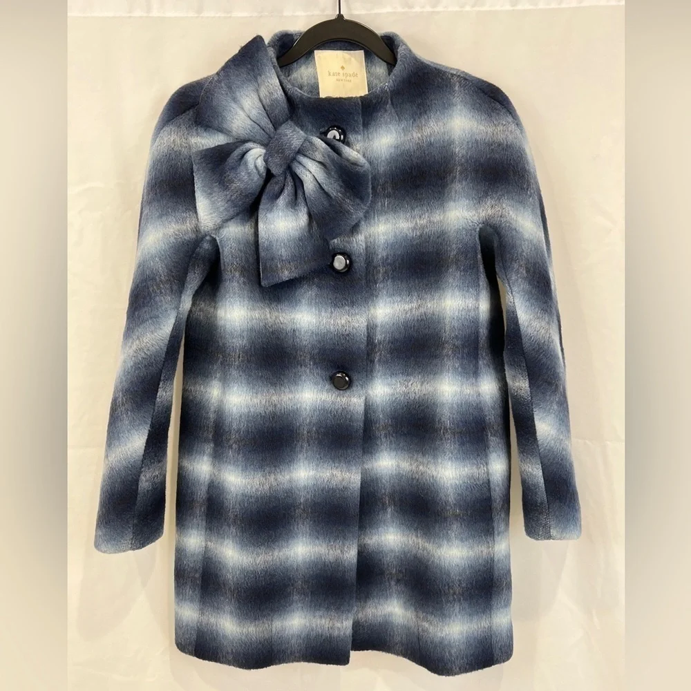Kate Spade‎ Dorothy Blue Check/Plaid Wool Blend Coat With Bow Accent